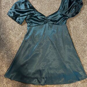 Women's Green Mini Dress, Puff Sleeves, Bow Back, Medium